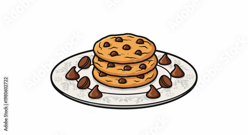 Stacked chocolate chip cookies with chocolate kisses on a decorative plate