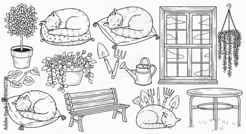 Cozy cats, blooming plants, window view, and garden tools for relaxation