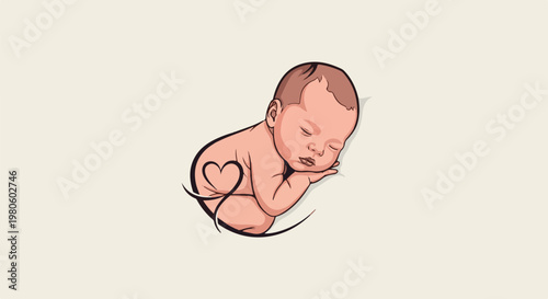 Sleeping newborn infant curled up with a heart symbol drawn around it