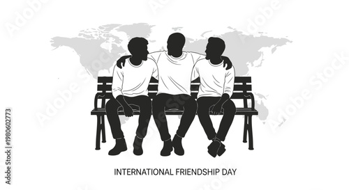 Group of three male friends sitting together on a bench illustration.