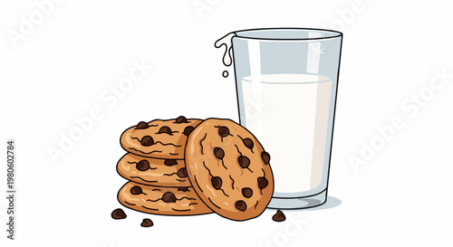Stacked chocolate chip cookies beside a glass of milk with a drip