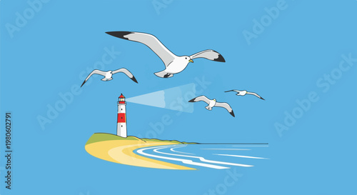 Seagulls fly over a lighthouse on a sandy beach with waves