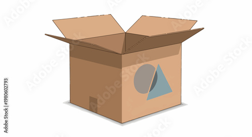 Open cardboard box with geometric shapes on its side