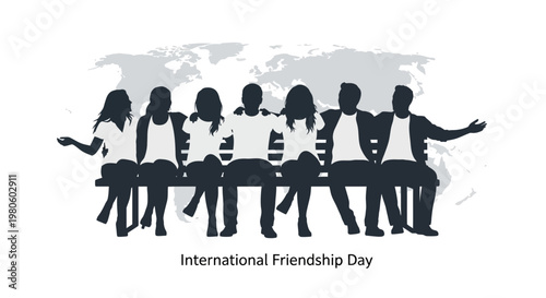 Group of diverse friends sitting together on a bench silhouette.