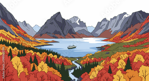 Autumn mountain lake with a ship navigating calm waters