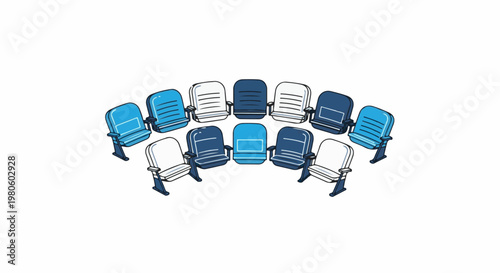 Row of blue, white, and dark blue stadium seats arranged in a semicircle