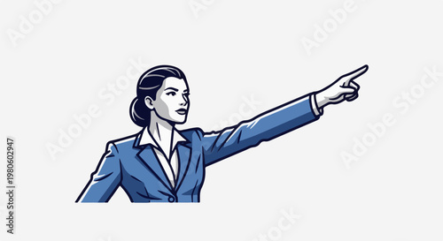 Stylized woman in blue suit pointing forward with purpose