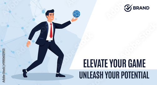 A determined businessman in a suit holds a glowing blue sphere, symbolizing potential and growth, with the text "ELEVATE YOUR GAME UNLEASH YOUR POTENTIAL".