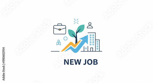 Icons depict career growth, business, and personal development leading to a new job