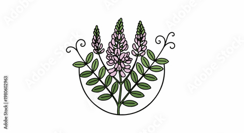 Stylized drawing of pink flowers and green leaves in a semi-circular frame