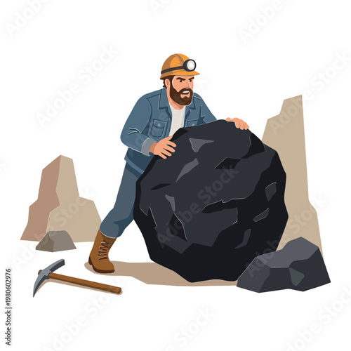 Man rolls large coal rock in mine with pickaxe nearby
