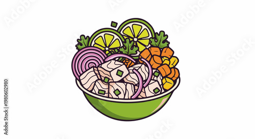 Vibrant bowl of cubed fish, lime, onion, cilantro, and corn