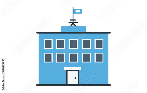 Modern blue office building icon with flag on roof representing corporate headquarters or school architecture