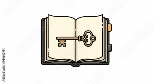 Open book with an ornate key lying on pages