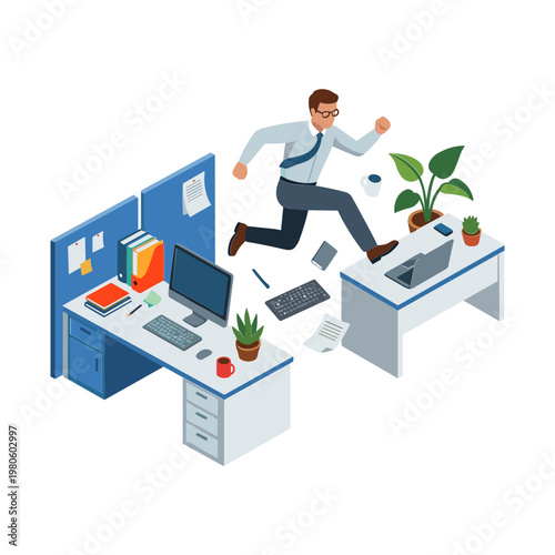 Man jumping between office desks with computers and plants in chaos