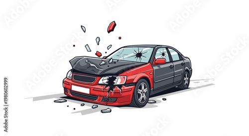 A red and black car with a crumpled hood and shattered windows