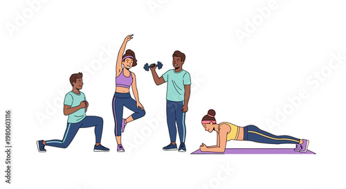 Group of diverse young people exercising and performing fitness routines.