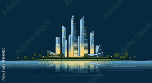 Illuminated modern cityscape at dusk reflects in calm water