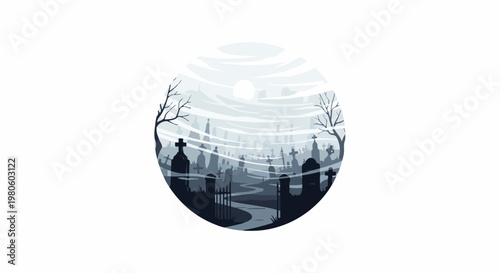 Eerie graveyard scene with fog, bare trees, and tombstones, in a circle