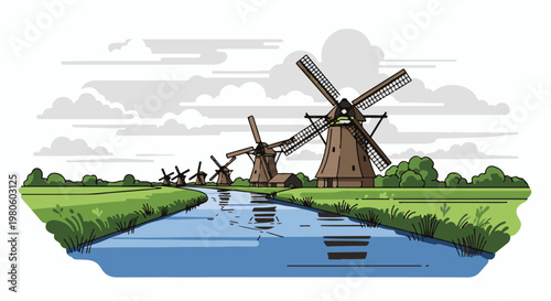 Dutch canal winds through green fields with row of historic windmills