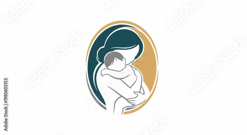 Stylized embrace of a parent holding a baby within an oval frame