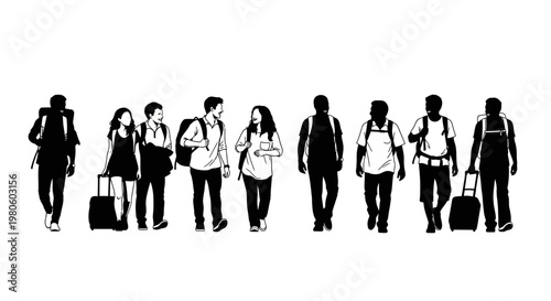 Group of young travelers with backpacks and luggage silhouettes.