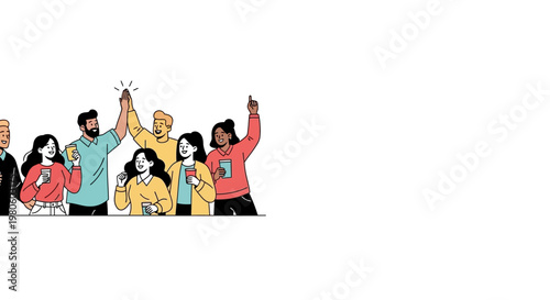 Diverse group of happy young people celebrating success together.