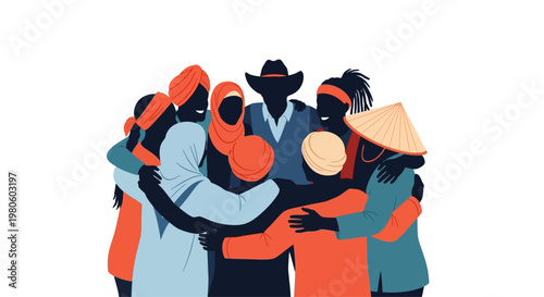 Diverse group of people in a supportive huddle.