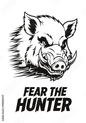 Wild boar head, fearless hunter, black and white vector, animal illustration, wildlife design