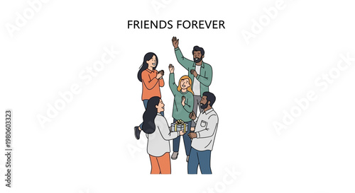 Diverse group of happy young friends standing together smiling and talking.