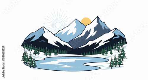 Snow-capped mountains overlook a frozen lake and evergreen forest under a bright sun
