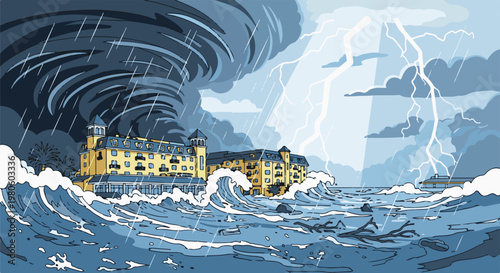 A hotel is battered by a massive storm with a tornado and lightning