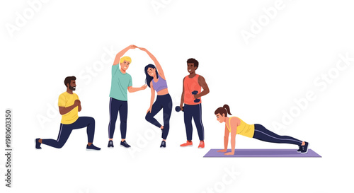 Group of diverse people exercising and doing fitness training together.