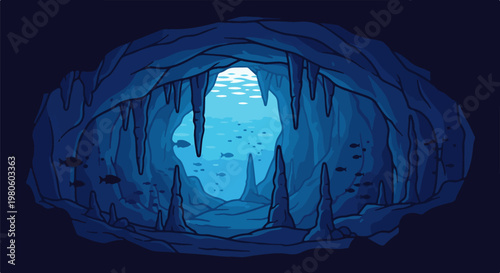 A pixel art underwater cave scene with stalactites and small fish