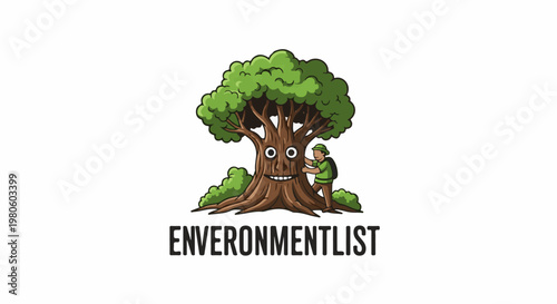 Friendly anthropomorphic tree with human figure embracing it