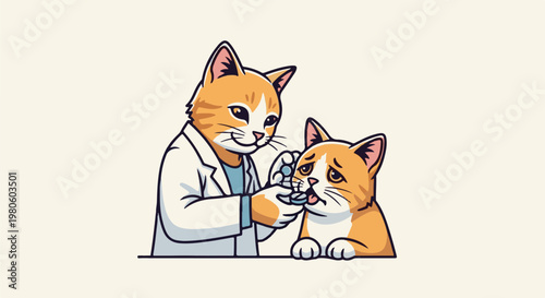 A cartoon veterinarian cat gives medicine to a reluctant cat patient