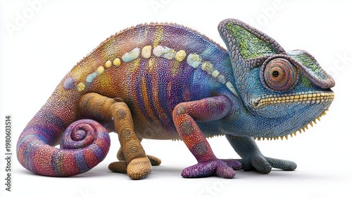 Colorful chameleon statue with gradient painted skin and detailed sculpted scales, isolated on white background with macro style clarity.