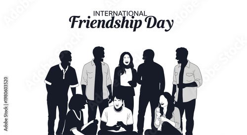 Group of diverse friends standing and sitting together for International Friendship Day celebration.