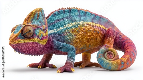 Colorful chameleon statue with gradient painted skin and detailed sculpted scales, isolated on white background with macro style clarity.