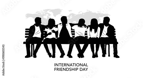 Group of young friends sitting together on a bench silhouette.