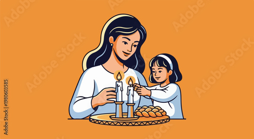 Mother and child lighting candles next to braided bread