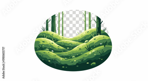 A whimsical, stylized forest scene with rolling green hills and tall, thin trees