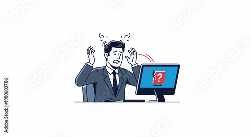 Frustrated man in suit panics as computer screen shows broken error icon with question