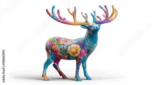 Colorful deer statue with large antlers and smooth ceramic texture, isolated on white background with soft shadow beneath.