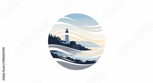 Stylized coastal scene with lighthouse, water, and layered hills