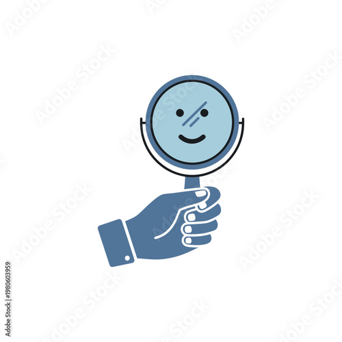 A cartoon hand holding a magnifying glass with a smiley face on it