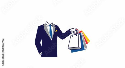 Elegant suit figure holds colorful shopping bags against white background