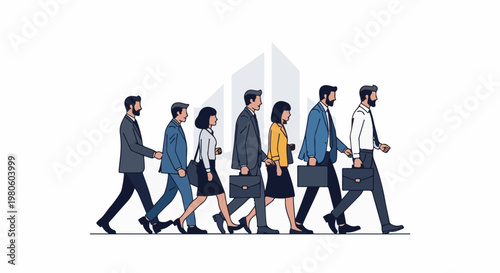 Stylized group of professionals in suits and briefcases walk together