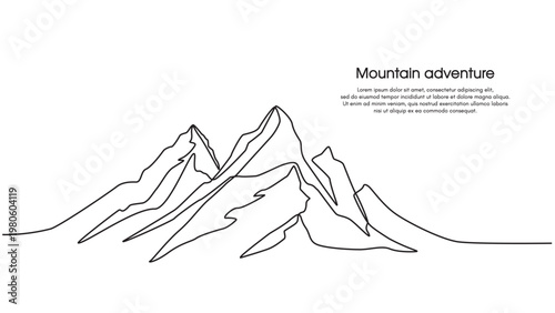Continuous line drawing of a mountainous landscape. Minimalist horizon with mountain peaks in simple single line style. Winter sports adventure concept in doodle style