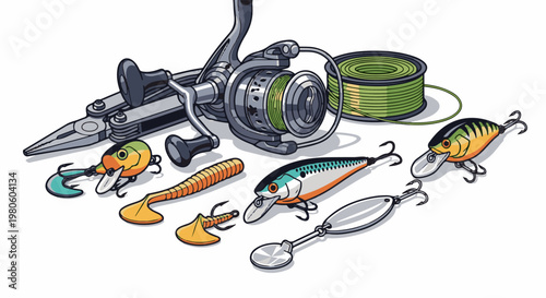 A variety of colorful fishing lures, a reel, and a multi-tool